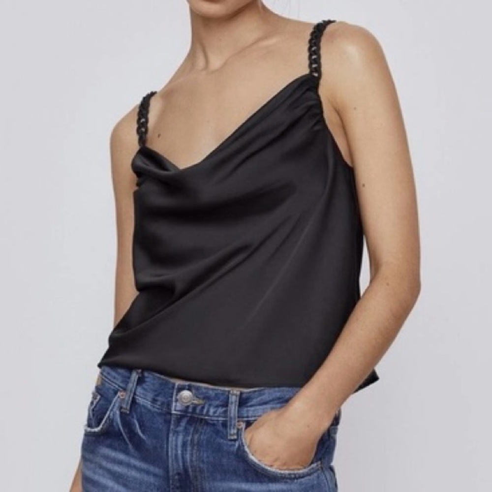 ZARA black satin plunge cowl neck top with beaded straps